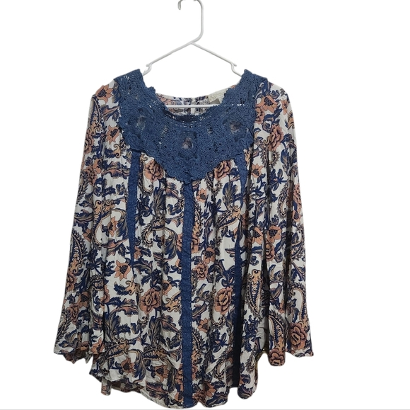 Weekend Suzanne Betro Blue Beige Floral Lace Trim Bell Sleeve Sz L Boho Tunic - Picture 1 of 6